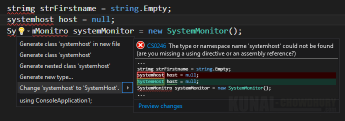 3. Visual Studio 2015 light bulb to correct spelling mistakes of type (www.kunal-chowdhury.com)