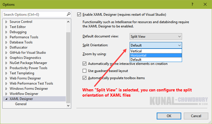 How to change the split orientation of XAML files in Visual Studio 2015 (www.kunal-chowdhury.com)