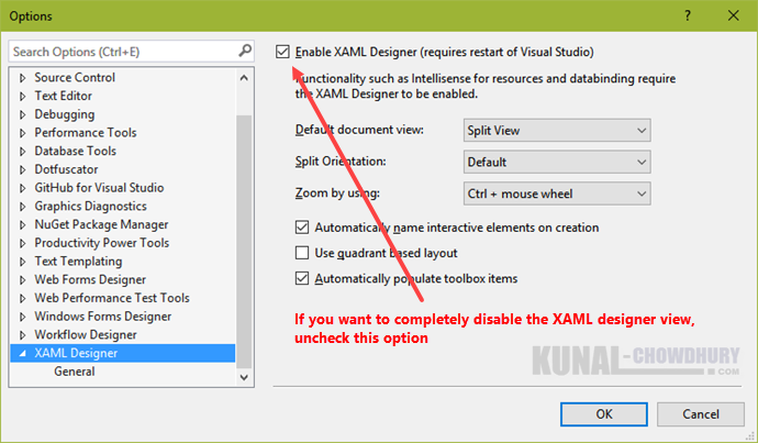 How to enable or disable the XAML designer view in Visual Studio 2015 (www.kunal-chowdhury.com)