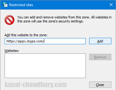 Internet Properties - Security - Add new URL to Restricted Sites (www.kunal-chowdhury.com)