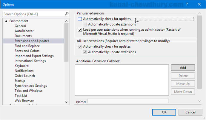 Visual Studio 2015 - Automatically check for extension updates disabled (www.kunal-chowdhury.com)