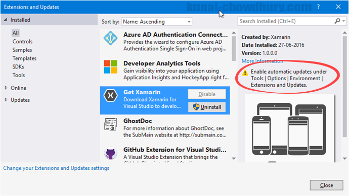 Visual Studio 2015 - Automatically update this extension disabled (www.kunal-chowdhury.com)