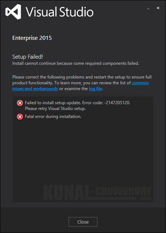 Visual Studio 2015 - Failed to install setup update. Error code -2147205120 (www.kunal-chowdhury.com)