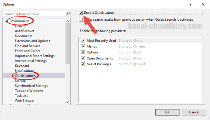 Visual Studio 2015 -> Tools -> Options -> to enable/disable the Quick Launch settings (www.kunal-chowdhury.com)