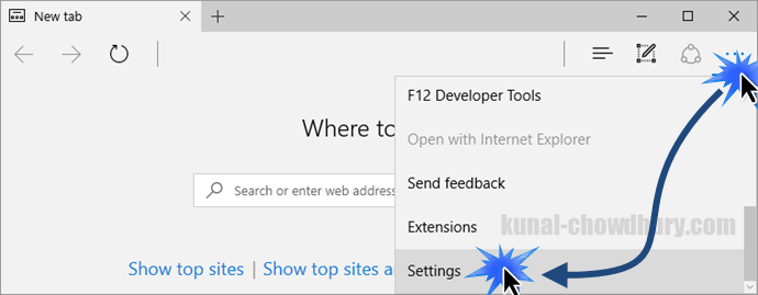 Windows 10 - Microsoft Edge - How to open settings flyout (www.kunal-chowdhury.com)