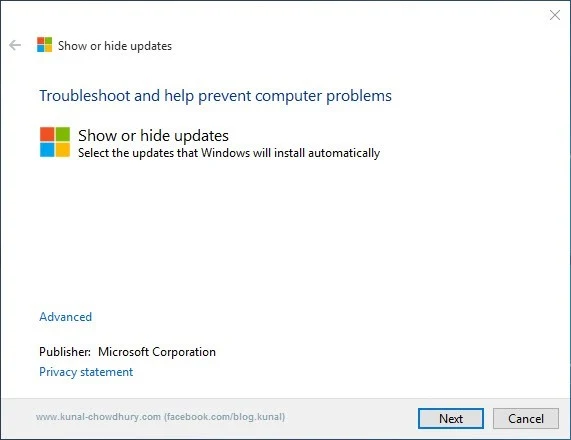 1. Show or Hide updates Troubleshooter