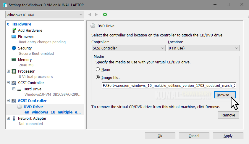 Attach a ISO-DVD image to the Virtual DVD drive (www.kunal-chowdhury.com)