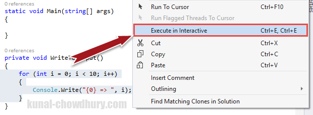 Execute code in Visual Studio 2015 Interactive Window (www.kunal-chowdhury.com)