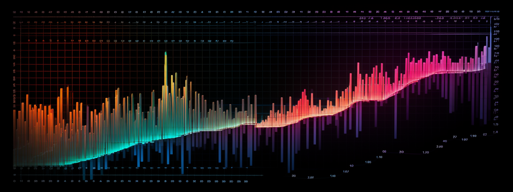 A collection of rainbow bars aligned in a cascading waterfall pattern on a black background