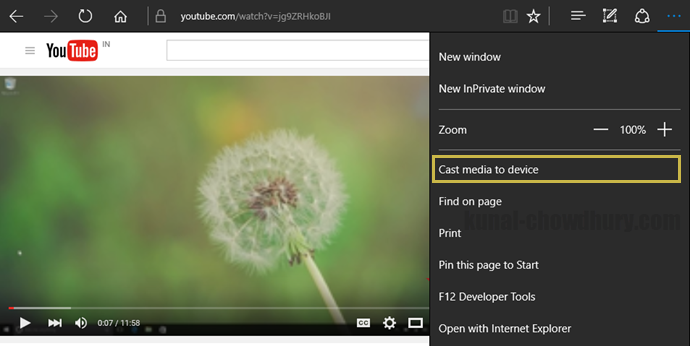Microsoft Edge - Cast Media to Device - Windows 10 (www.kunal-chowdhury.com)