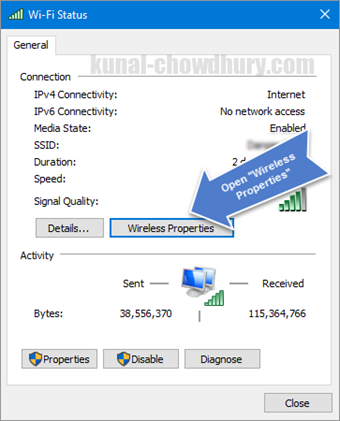 Open wireless properties from the network and sharing screen (www.kunal-chowdhury.com)