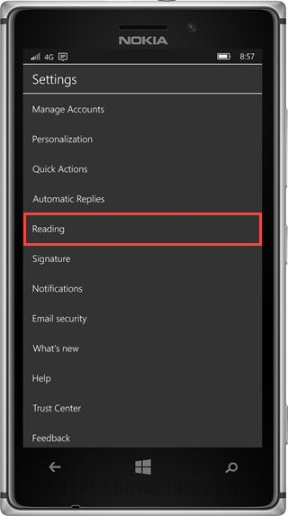 Outlook mail for Windows 10 Mobile - Settings - Reading (www.kunal-chowdhury.com)