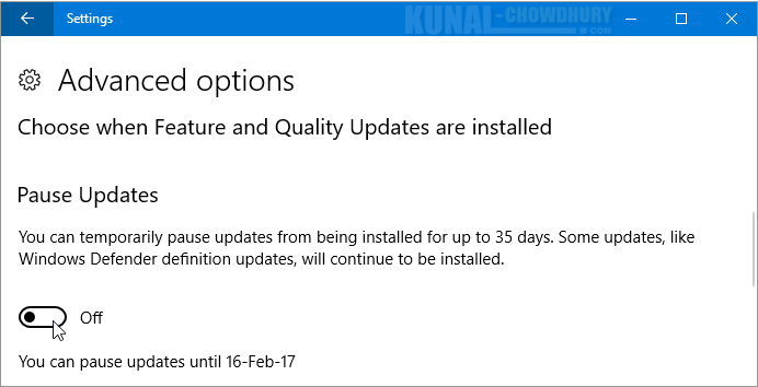 Pause an update for 35 days in Windows 10 (www.kunal-chowdhury.com)