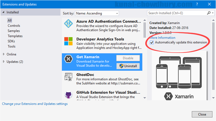 Visual Studio 2015 - Automatically update this extension enabled (www.kunal-chowdhury.com)