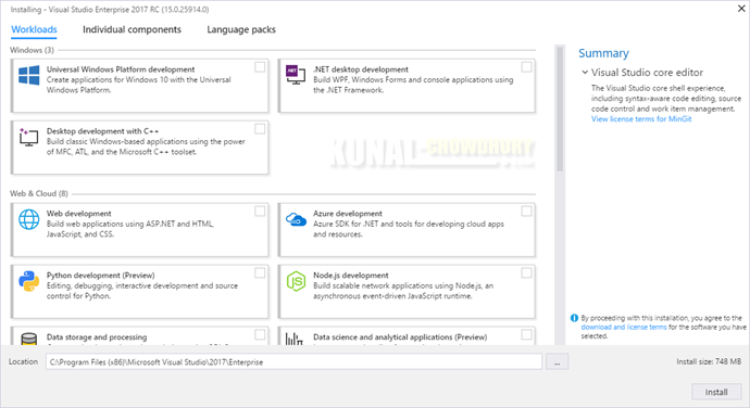 Visual Studio 2017 Installation Workloads (www.kunal-chowdhury.com)