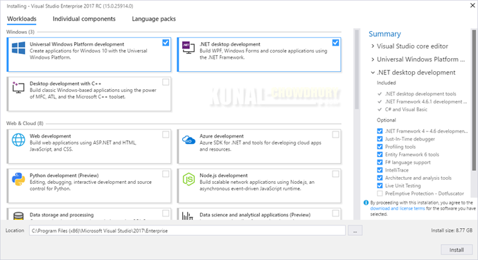 Visual Studio 2017 Installation Workloads Selector (www.kunal-chowdhury.com)