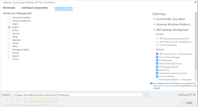 Visual Studio 2017 Installer Language Packs (www.kunal-chowdhury.com)