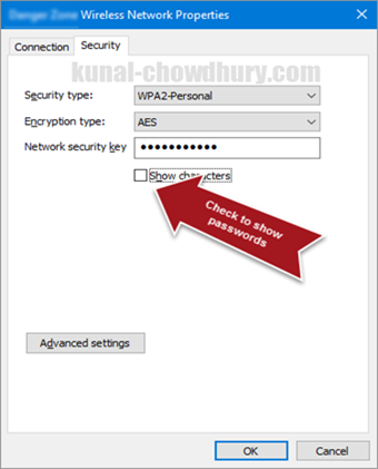 Wi-Fi security settings to show the network key (www.kunal-chowdhury.com)