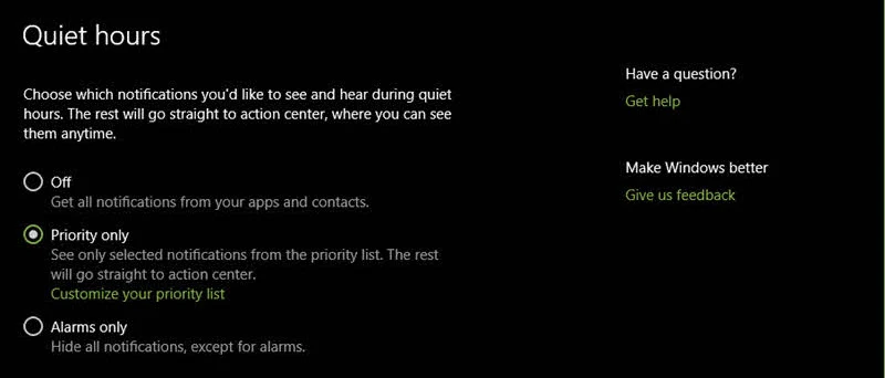 Windows 10 Quiet Hours Settings