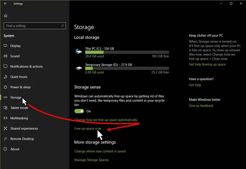 Windows 10 disk cleanup functionality will be available in storage settings