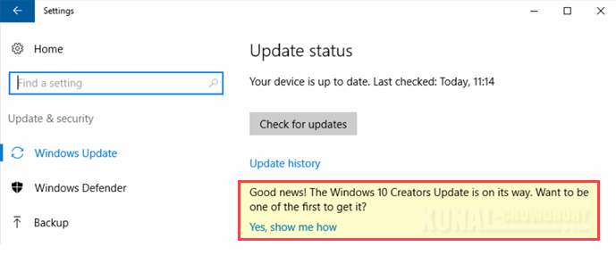 Windows 10 'Update Settings' page started showing promotional message for next major update (www.kunal-chowdhury.com)