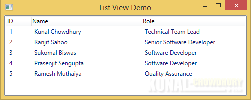 WPF ListView-GridView control - Column Header aligned Left (www.kunal-chowdhury.com)